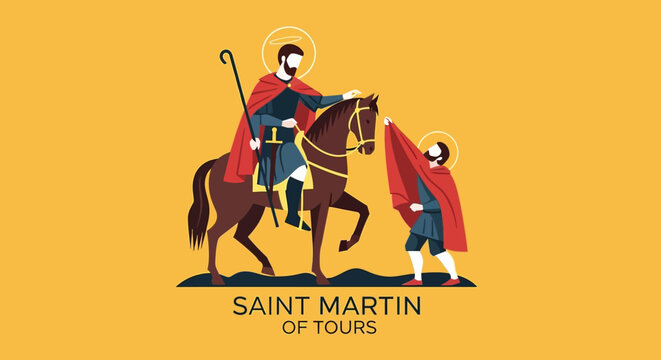 Saint Martin of Tours sharing cloak with beggar, a charitable act of kindness and compassion, symbol of generosity and humanitarianism in a religious context, honoring a beloved saint