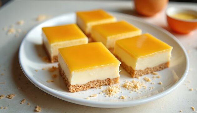 Five quindim desserts are on plate. Coconut custard squares sit atop a crumb base. Tasty treats look sweet. Desserts feature glossy tops. Food concept for menu cards desserts blog.