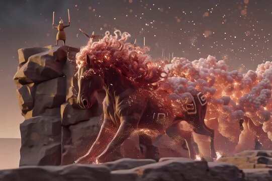 Ethereal fiery stallion emerging from swirling magical clouds, glowing with embers and cosmic light, inspired by the Year of the Fire Horse