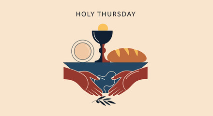 Remember Holy Thursday with this beautiful design featuring bread, wine, and an olive branch, perfect for church bulletins or religious social media posts