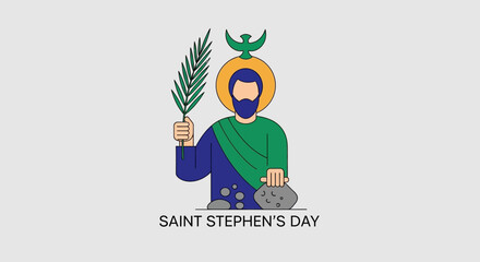 Celebrate Saint Stephen's Day with this vibrant illustration of the martyr holding a palm leaf, perfect for holiday cards, social media, and festive designs conveying tradition and faith