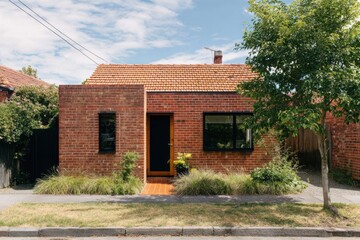 Obraz premium A delightful red brick house boasting contemporary amenities, nestled amidst lush greenery, radiating warmth and charm on a sunny day