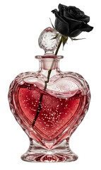 Glass Perfume Heart with Black Rose, transparent background.