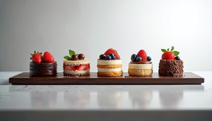 Five mini cakes arranged on a wooden board. Variety includes chocolate strawberry cheesecake and fruit topping. Desserts look fresh perfect for cafe menu or party.