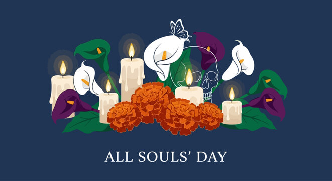 Vibrant All Souls' Day celebration with candles, marigolds, and calla lilies honoring loved ones, creating a warm and reflective atmosphere of remembrance and cultural tradition