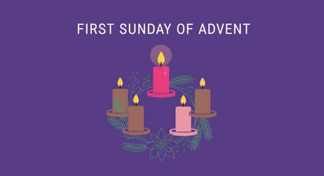 Celebrate the First Sunday of Advent with this warm and inviting wreath featuring lit candles, perfect for holiday greetings, church bulletins, and seasonal promotions