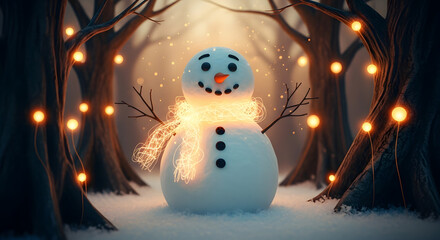 Glowing Snowman in Enchanted Winter Forest