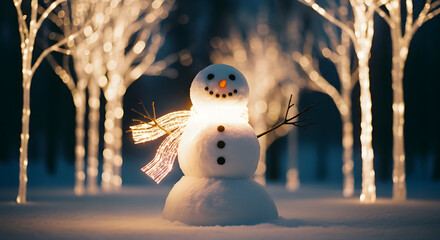Glowing Snowman in Enchanted Winter Forest