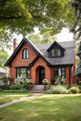 Beautiful brick house with black accents surrounded by lush greenery and a well-kept lawn in a peaceful neighborhood during the day