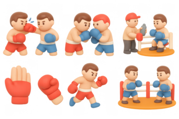 Epic boxing icons set featuring cartoon fighters and equipment for graphic design