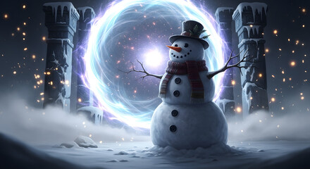 Magical Snowman Wizard in Winter Forest