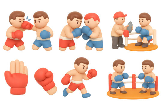 Epic boxing icons set featuring cartoon fighters and equipment for graphic design