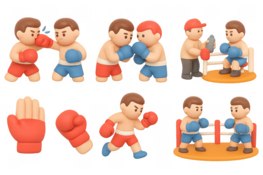 Epic boxing icons set featuring cartoon fighters and equipment for graphic design