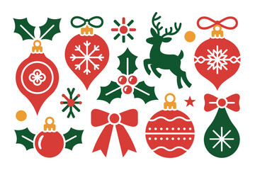 A christmas themed image with ornaments, holly, bow, star and a reindeer