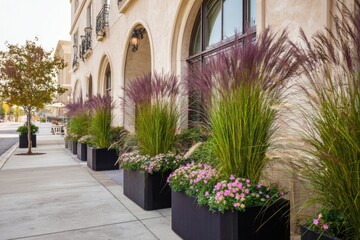 Fototapeta premium A stunning sidewalk garden bursts with vibrant, colorful flowers and lush, tall grass, all glowing in the warm sunlight of an afternoon in the city