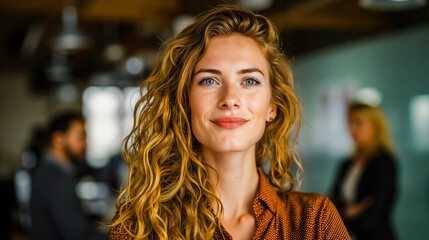 A woman with long curly hair and blue eyes is smiling at the camera
