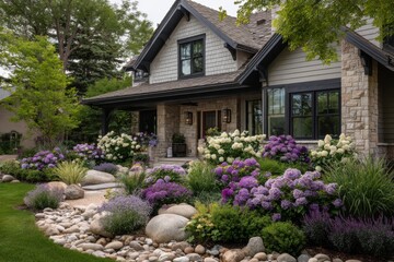 Beautiful home surrounded by vibrant flowers and lush greenery in a peaceful suburban neighborhood on a sunny day with clear blue sky
