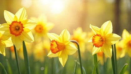 Bright yellow daffodils with orange centers bloom in sunny spring field. Green stems, leaves surround vibrant flowers. Warm sunlight bathes entire garden. Beautiful narcissus blossoms show nature