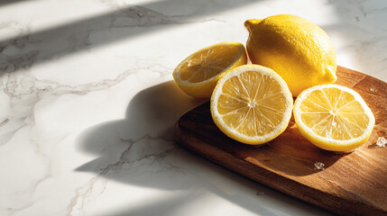 On a marble kitchen countertop sits a natural wooden cutting board.