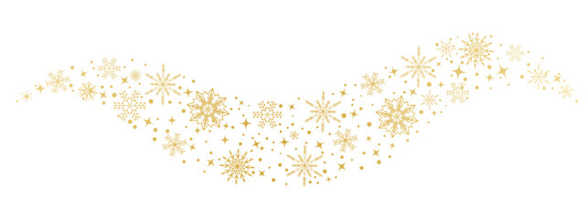 Fototapeta premium Golden snowflake swirl border. Christmas wave ornament with stars and sparkling dots for holiday banners, invitations and winter decoration projects. Vector design.
