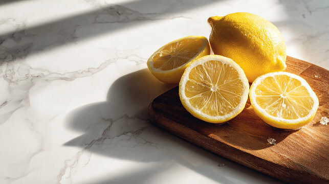 On a marble kitchen countertop sits a natural wooden cutting board.