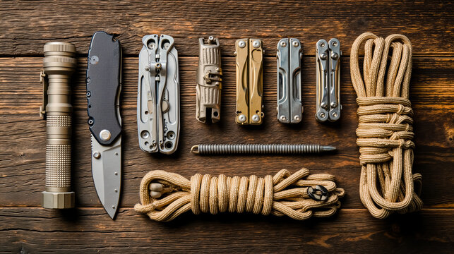 A collection of tools and rope on a wooden surface