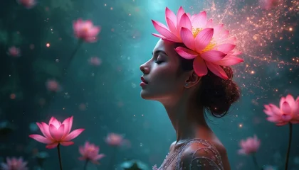 Sierkussen Meisjeskamer Woman with pink lotus flowers on head relaxes in water pond with bubbles. Gentle woman dreams with closed eyes. Pink lotuses bloom around her. Sparkling light particles drift around her.  © Maryna