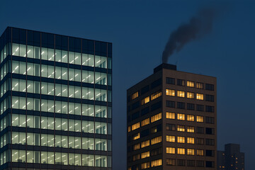 Two modern office towers at night with lit windows and rooftop smokestack, contrast between corporate energy use and air pollution
