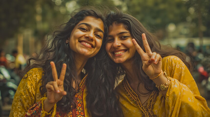 Two smiling women in yellow dresses with their hands up making peace signs