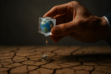 Hand holding melting ice cube with tiny planet Earth dripping onto cracked soil, powerful global warming and climate crisis metaphor
