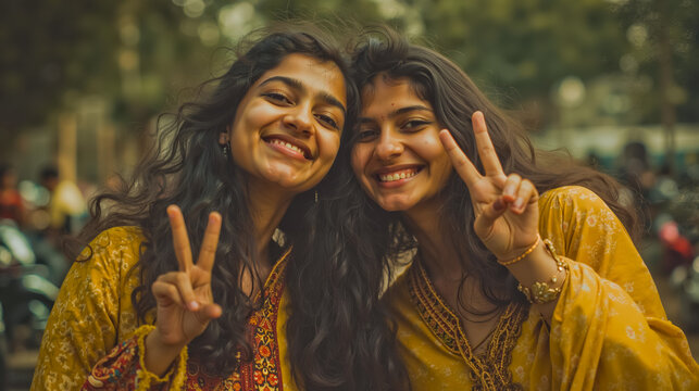 Two smiling women in yellow dresses with their hands up making peace signs - Powered by Adobe