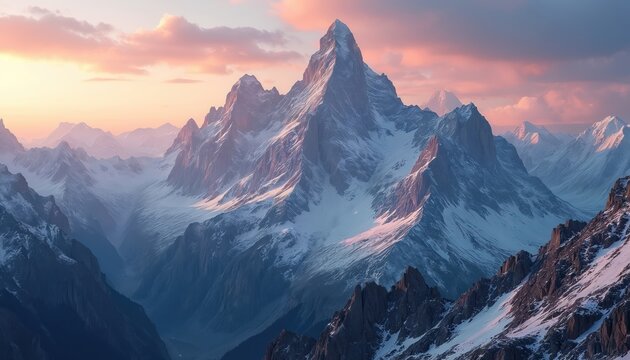 Snowy mountain range at sunrise shows alpenglow light on peaks. Rocky summits rise under pastel colored clouds. Vast landscape stretches into distance.