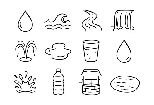 Hand-drawn doodle icons of water drops, rivers, and fountains &mdash; stock vector.