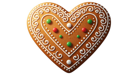Gingerbread heart decorated holiday treat isolated on transparent background