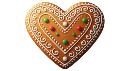 Gingerbread heart decorated holiday treat isolated on transparent background