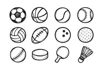 Hand-drawn doodle icons of sports balls and game equipment &mdash; stock vector.
