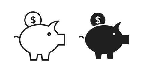 Piggy bank icon or logo pack. Vector Illustration Outline and flat