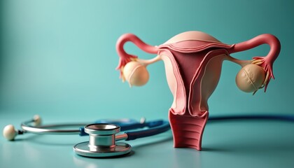 Uterus model with a stethoscope on table. Reproductive system anatomy with ovaries. Gynecological exam instrument in medical office. Concept of female health, fertility and reproductive organs.