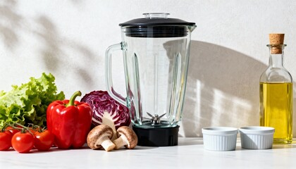 Fresh Vegetables and Blender on a Bright Kitchen Counter