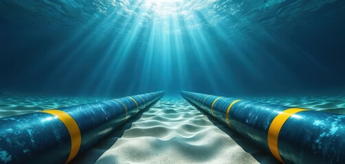 Underwater cables lying on ocean floor. Subsea power lines transmit eco energy with sunlight, waves. Innovative offshore electric system transmits currents to island globally to solve resource