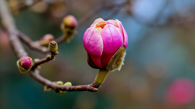 A pink flower blooming on a tree branch