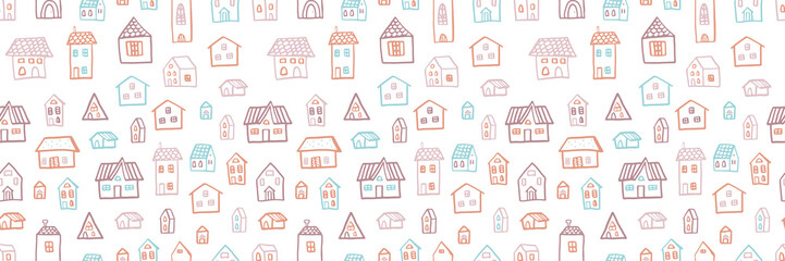 A seamless pattern of hand-drawn houses in soft pastel colors on a white background. Cute whimsical buildings create a playful, cozy village design ideal for wallpapers, textiles, childrens products