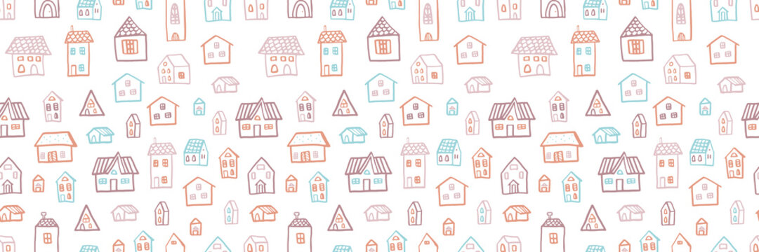 A seamless pattern of hand-drawn houses in soft pastel colors on a white background. Cute whimsical buildings create a playful, cozy village design ideal for wallpapers, textiles, childrens products