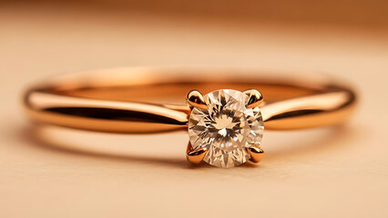 Rose gold solitaire diamond engagement ring on neutral surface