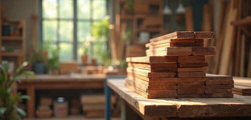 Obraz premium Rough wooden planks neatly stacked on sturdy workbench in bright woodworking studio. Sunlight streams through window, raw timber material. Ideal for carpentry projects, DIY craft, home renovation,