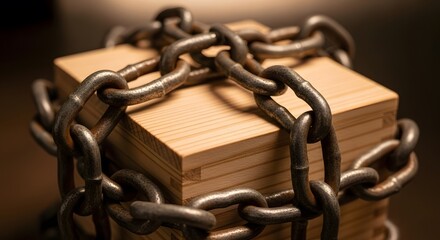 Wooden box wrapped in metal chain on surface