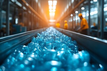 Plastic bottles moving along conveyor belt in modern recycling facility