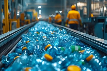 Conveyor line filled with blue plastic bottles and orange caps in recycling plant