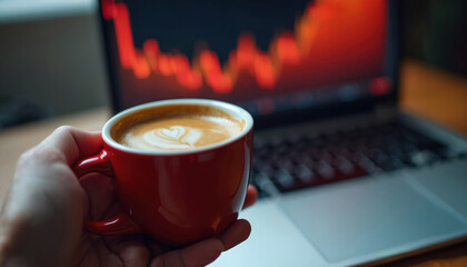 Hand holds red cup with latte art coffee near laptop displaying stock market red graph. Trader monitors financial charts, invests online, works from home.