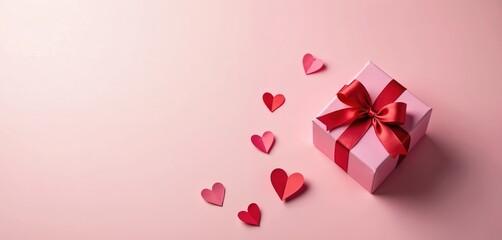 Pink gift box with red bow on pink surface. Paper hearts decoration near gift box. Holiday present for loved ones. Festive decor for Valentines day banner or greeting card.